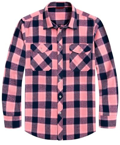 J.VER Flannel Shirt Mens Cotton Long Sleeve Lumberjack Check Shirt Casual Regular Fit Button Down Work Plaid Shirts Pink M