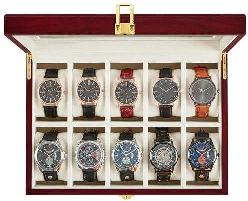 SONGMICS Uhrenbox mit 10 Fächern, Uhrenetui mit großem Glasdeckel, abnehmbare Uhrenkissen, Samtfutter, Uhrenbox Organizer, Geschenk für die Liebsten, Kirschrot JOW10C