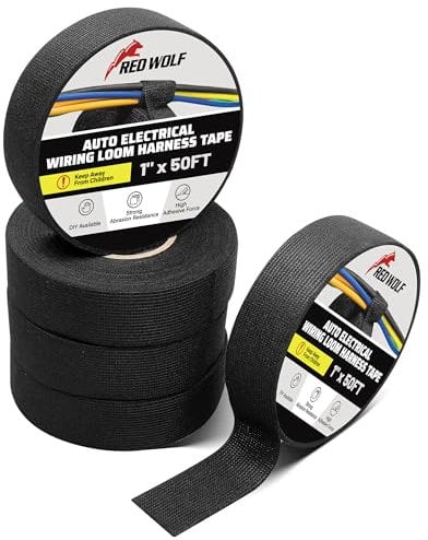 RED WOLF Wire Harness Tape 1 Inch 50 FT High Temp Wiring Loom Harness Self-Adhesive Felt Cloth Electrical Tape for Automotive Engine Electrical No Residue Fabric Insulated Black 5 Rolls