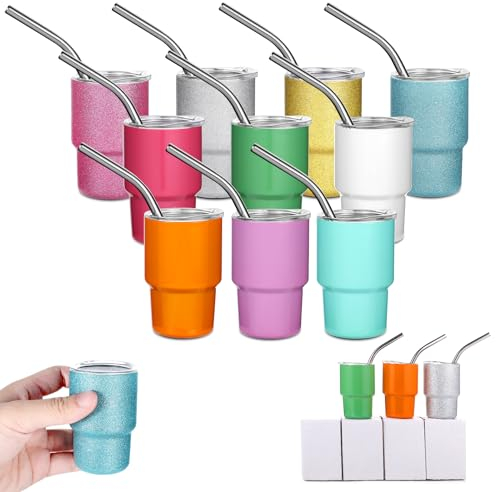 Needbrock 10 Pcs Mini Tumbler Shot Glass with Straw, 3oz Sublimation Shot Glass Tumblers Set Stainless Steel Double Wall Vacuum Insulated Shot Glasses Cups for Cocktail Coffee Whiskey Beer