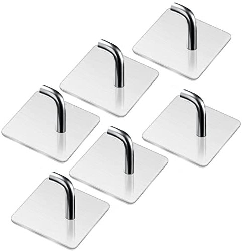 6 Piezas Ganchos Adhesivos para Pared, Soporte Toallas Pared Sin Taladro, Colgadores Pared Ganchos para Colgar de Acero Inoxidable, Plata Colgador Autoadhesivo para Cocina Baño