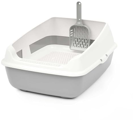 4BIG.fun Inodoro para gatos con borde, pala y colador de limpieza, extraíble con borde alto, colador, pala para gatos, gris