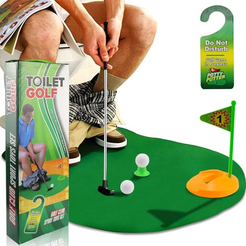 FAELNK Golf Toilette Cadeau Drôle Golf Accessoire Rigolo pour la Salle de Bain avec Club de Golf 65 cm, Tapis de Putting, 2 Balles de Golf et Accroche-Porte