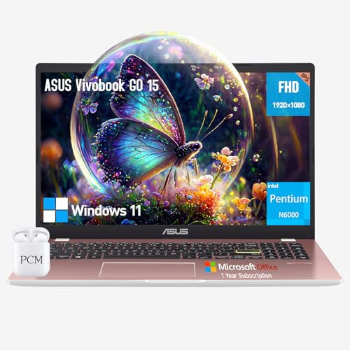 Asus Vivobook Go 15 Pink Computer portatile, FHD 15.6 Laptop College Students Business, Intel Thin Lightweight Notebook PC, 4GB RAM 128GB eMMC + 512GB USB, Windows 11, 1Y Office 365, 10-key Number Pad