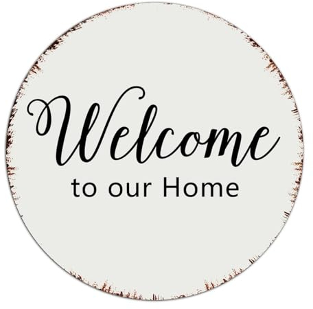 Autravelco Welcome to Our Home - Letrero de metal redondo de 12 x 12 pulgadas, decoración de pared para patio, hogar, patio, placa de metal, escritura de fe, letreros bíblicos de estaño para valla