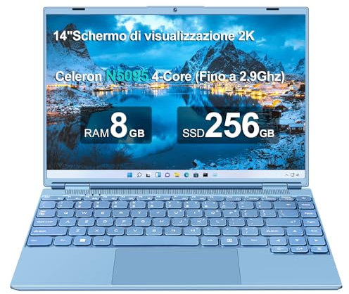 AOCWEI JSY PC Portatile Win11 Computer Portatile CPU N5095 2.9GHz, Laptop Notebook 14 Pollici 256GB SSD 1TB Estensioni丨5G WIFI Supporto丨Ventola Raffreddamento Schermo丨1920 * 1200 2K FHD-Blu