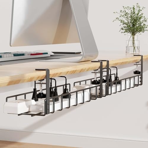 Xpatee Paquete de 2 bandejas de gestión de cables debajo del escritorio, 31.4 pulgadas, sin taladro, con abrazadera mejorada, organizadores de cables de metal para escritorio con organizadores de