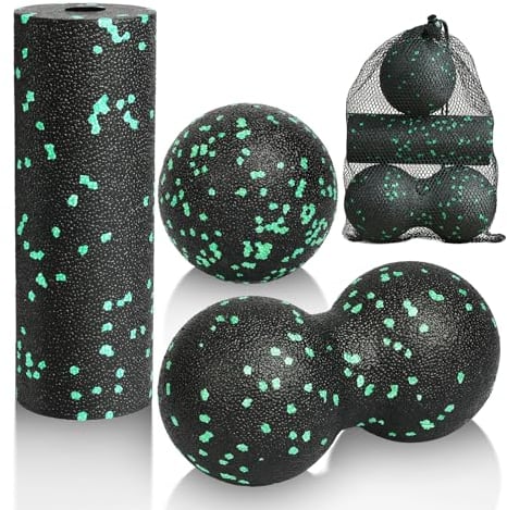 LOPHE Faszienball Set, 3 Stück Massageball und Faszienrolle set, Faszienrolle Klein für Rücke, Erdnuss Faszien Ball für Muskelschmerzen Verspannungen Osteopressur Massager Faszientraining(Grün)