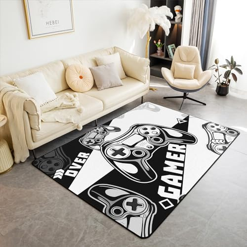 Gamer Tapis de Sols pour Les Garçons 100x150cm pour Côté Lit,Gaming Le Salon Tapis pour Garçon Gamepad Gaming Tapis de Sol Intérieur Game Blanc - Noir Gamepad Tapis D'Appoint Set pour Chambre Doorway