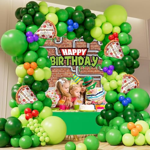 Junyaoii 152pcs Grüne Schildkröte Ballon Kit, Pizza Folie Ballon, 1 Stück 150 * 100cm Schildkröte Geburtstag Hintergrund, Schildkröte Geburtstag Party Zubehör, Baby Dusche Party Dekoration