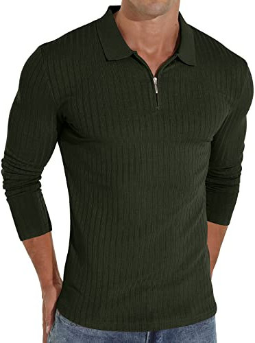 Sailwind Zipper Polo Shirts for Men Long Sleeve Slim Fit Shirts Casual Stretch Ribbed Knit Zip Shirt (Dark Green, S)