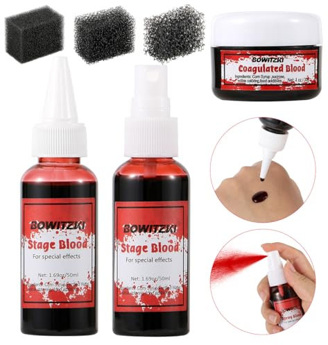 Bowitzki Lot de 3 faux sang + spray sang + sang coagulé réaliste lavable pour des effets spéciaux SFX Maquillage zombie vampire monstres festivals fête Halloween Noël