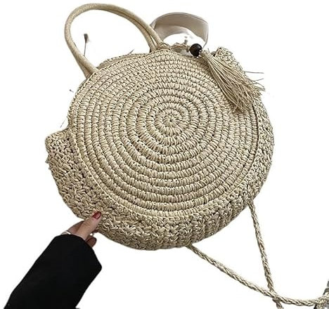 wangfq Korbtaschen Damen Sommer Hohle Runde Stroh Tasche for Frauen Strand Tasche Böhmen Stil Schulter Tasche Reise Geflochtene Gewebte Tote Tägliche Handtasche Basttaschen Damen Sommer(Beige)