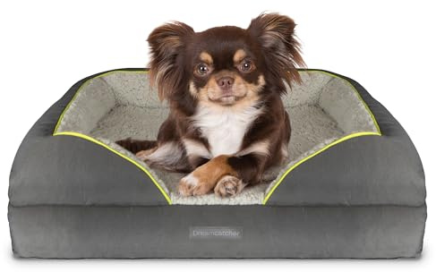 Dreamcatcher Dog Bed Medium, Orthopaedic Memory Foam, Bolster, Waterproof | 71 x 58 x 20cm bed with cooling gel memory foam, four-sided bolster, waterproof liner, non-slip base and washable cover.
