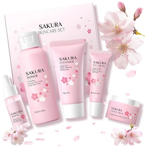 Skincare Coreano Kit, Sakura Skincare Kit, Kit Skincare con Limpiador, Tónico, Esencia, Crema de Esencia y Crema para Ojos, Antiedad, Productos Coreanos Faciales, Cofre Regalo Mujer, 5 Piezas