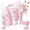 Miioto Coffret Cadeau Femme, Sakura Coffrets de Soins pour la Peau, Coffret Soin Visage Femme Skincare Kit avec Crème Nettoyante, Toner, Sérum, Crème Essence, Creme Yeux, Anti-Âge, 5 Pièces