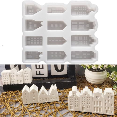 ALEFBET Silikonformen Gießformen,12 Häuser Silikonform Haus DIY Silikon Gießform,Mini Haus Kerzenformen zum Gießen,Gipsformen zum Gießen,Epoxidharz Formen