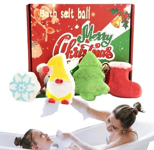 Weihnachts-Badebomben, 4 x Weihnachts-Badebomben für Kinder, 4 Düfte und Formen, handgefertigte Sprudelbälle, Bio-Sprudelbad für Kinder, , Mädchen