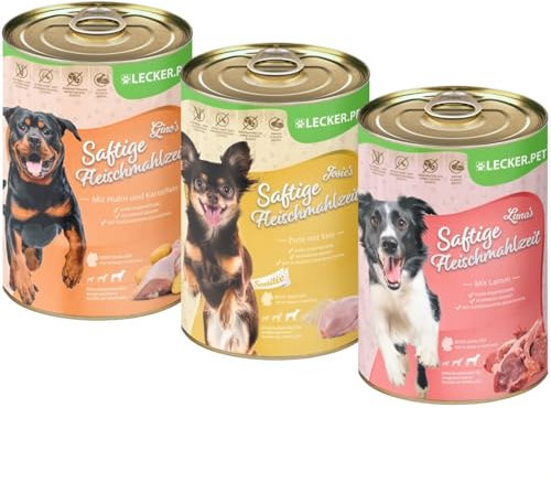 Lecker.Pet® | 18 x 400 g Gino's, Josie's & Luna's Saftige Fleischmahlzeit Hundefutter Nassfutter Mix Vollnahrung | Je Sorte 6 Dosen | Ohne Getreide & Zuckerzusatz | Reich an Proteinen