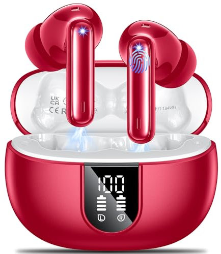 AOVOCE Wireless Earbuds,Wireless Headphones Bluetooth 5.3 Headphones in Ear with 4 ENC Call Noise Cancelling Mics HiFi Stereo Mini Ear Buds 42H Playtime LED Display Earphones IP6 Waterproof Red