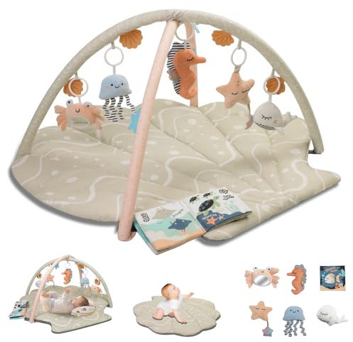 Suihuooo Spielbogen Baby, Ozean Muschel Thema Spieldecke Baby, Baby Gym mit 6 abnehmbare Aktivität Spielzeug, frühe sensorische Entwicklung Baby Play Mat für Kleinkind & Neugeborene (Beige)