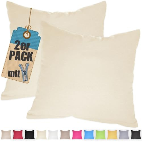 2er Pack Kissenbezug 25x25 cm Creme Baumwolle Kissenhüllen | Doppelpack, Reißverschluss verdeckt, waschbar, atmungsaktive Baumwoll-Mischgewebe (85% BW, 15% Poly), Kopfkissenbezug