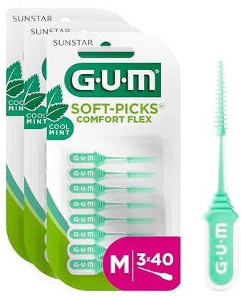 GUM SOFT-PICKS MINTY Scovolini in gomma al fresco sapore di menta | Pulizia dei denti e rimozione della placca | Misura M | Multipack 3x40 (con 1 campione omaggio)