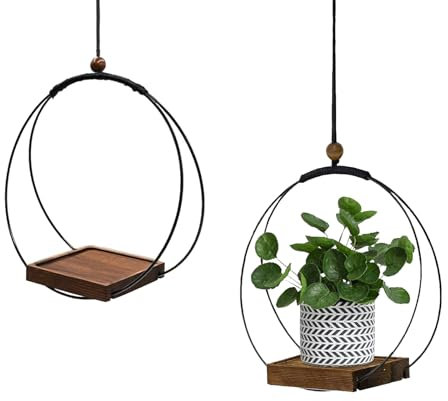 Wenrou 2 Piezas Macetero Colgante, Soporte Colgante para Plantas con Base De Madera, Macetas Colgante De Plantas, Macetero Colgante Boho, Paleta De Madera De 5 Pulgadas, con Ganchos