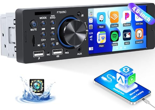 GOHHDL 1 DIN Autoradio con Wired CarPlay Android Auto, Pantalla de 4 Pulgadas con Bluetooth, Radio con Pantalla Táctil con Mirror Link FM/RDS, Control en el Volante, Ecualizador y retroiluminación.