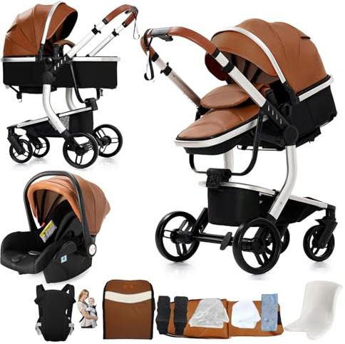 Nine point nine PU-Leder Kinderwagen 3 in 1, Kinderwagen Set mit Umkehrbarem Doppelschiebemodus, Kombikinderwagen 3 in 1 Bequemer Babywanne, Kombikinderwagen Rahmen Aluminiumlegierung (L518 Khaki)