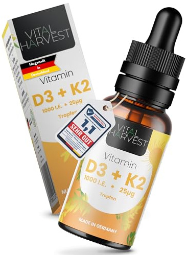 Vital Harvest® Premium Vitamin D3 K2 Tropfen 1000 IE 50ml | Hochdosiertes D3 & K2 MK-7 | Veganes Vitamin D3 + Vitamin K2 MK7, laborgeprüft in Deutschland hergestellt - ohne Zusatzstoffe (50ml)