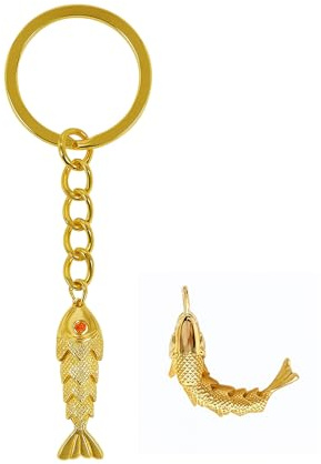 JWIGP Bonito llavero dorado con forma de pez – Colgante de acero inoxidable con ojo de cristal naranja, bolsa y accesorio de regalo para el coche