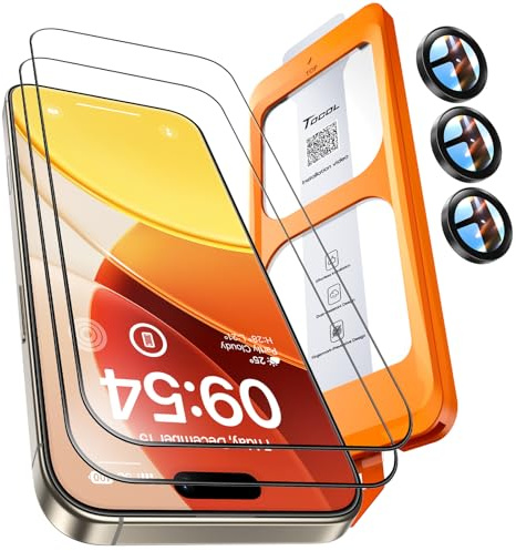TOCOL 2+1 Pack for iPhone 15 Pro Max Screen Protector 6.7-Inch + Camera Lens Protector, Instant Installation, HD Clear Tempered Glass, Full Coverage Protection, Anti-Shatter, Case Friendly (Black)