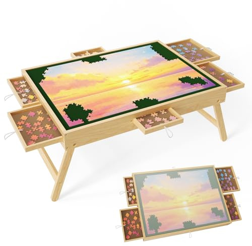 Ovshnrr Puzzle Table 1500 Pieces Wooden Puzzle Board with Legs,Jigsaw Board with 6 Drawers and Cover, Foldable Leg Jigsaw Table Natural (1000 piece)
