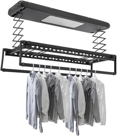 LKHDONG Decken Wäscheständer Elektrischer Wäschetrockner mit Fernbedienung, Ausziehbarer Wäschehalter LED Beleuchtung Wäscheständer Deckenmontage35kg Tragkraft (Schwarz)