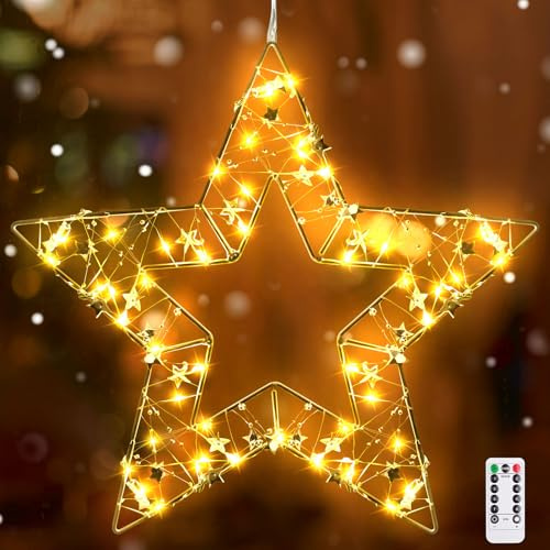 Ferakum LED Sterne Weihnachtsdeko Fenster, Weihnachtsdeko Beleuchtet Aufhängen Fenster Lichter mit Timer & Fernbedienung, Warmweiß Wasserdicht Lichterkette Sterne für Weihnachtsdeko Fensterdeko (A)