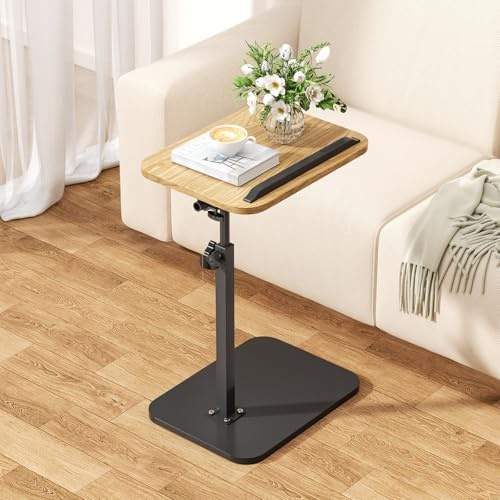 Hanstore C Shaped Side Table, 360° Swivel 180° Flip Bedside Table with Slat, Height-Adjustable End Table, 30x40cm Foldable TV Tray for Living Room, Bedroom - Wood Color