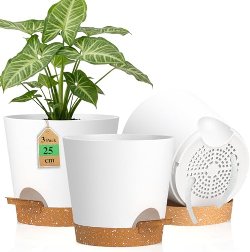 WSMKSZ 25cm Self Watering Plant Pots Indoor Outdoor, 3 Pack Flower Pots | 10 inch Large Thick Plastic Planters Pots with Drainage Holes & Removable Deep Reservoir, Cotton Wick, White Brown