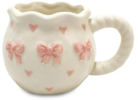 Cute Mug for Women, White Ceramic Bow Mug with Pink 3D Bow, Pretty Mug 5.5 Inch, Girly Gifts for Mom or Her, Funny Mugs for Women for Home Office, Microwave & Dishwasher Safe