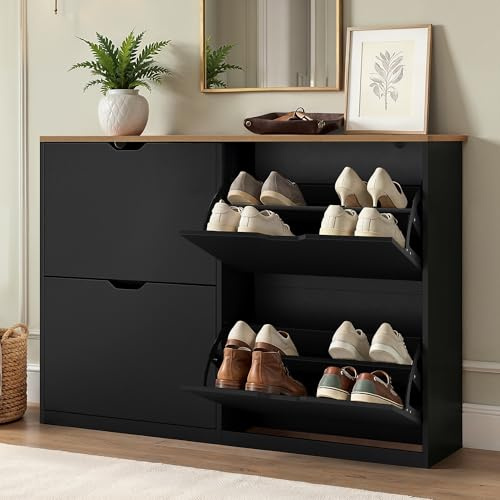 LUE BONA Schuhschrank mit 4 Flip-Klappen,Schuhschrank Schmal 23 cm Tiefe,Schuhkipper Geschlossen mit Verstellbaren Trennwänden für Flur,Eingangsbereich,16 Paar Schuhe,110 x 23 x 80,Schwarz+Naturholz