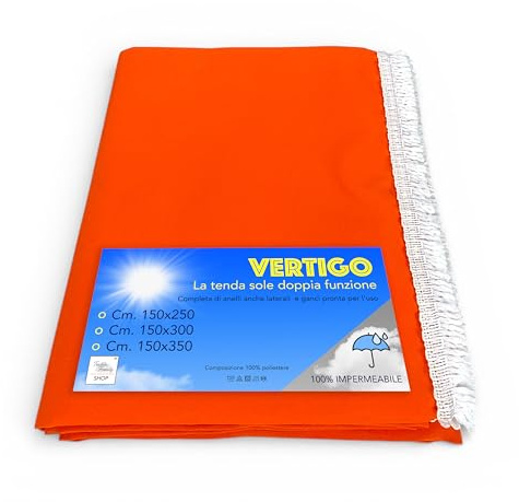 Vertigo Tex Family Toldo Vertical de Sol para Exterior Jardín y Balcón, Impermeable e Hidrorrepelente, 100% Poliéster, Ojales de Acero, con Flecos – 150 x 250 cm – Naranja Liso