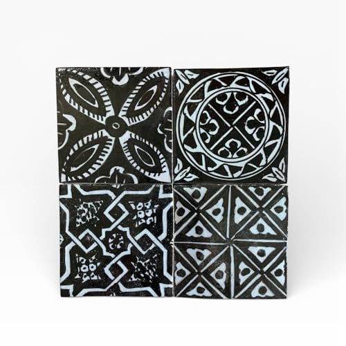 Piastrelle Marocchine Nere in Ceramica, Set da 4, 10x10 cm, Design Zellige, Fatte a Mano, per Cucina e Arredo