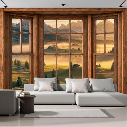 3D Fototapete Italienische Steppen-Fensterblick 300X210Cm (B X H) Vlies Tapete Schlafzimmer, Orange Nebel Sonnenuntergang Berge Wohnzimmer Vliestapete Xxl Wandtapete Fototapeten Bildtapete Wanddeko