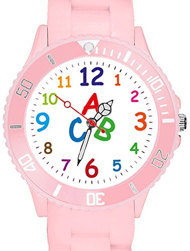 Taffstyle Kinder Armbanduhr Silikon Sportuhr Bunte Sport Uhr Kinderuhr Lernuhr Zahlen ABC Motiv Analog Rosa