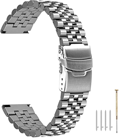 Kai Tian Fünf PerlenTaper Uhrenarmband Rostfreier Stahl Techniker Uhrenarmband mit Doppelverschluss 20mm Armbanduhr Silber Metall Schraube festes Armband für Damen Herren