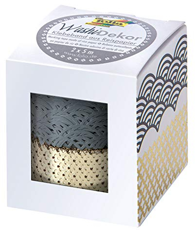 folia 29201 - Washi-Dekor, Spitzenbordüren aus Reispapier, 2er Set grau/gold, je ca. 25 mm x 5 m, klebt auf zahlreichen Oberflächen, rückstandlos ablösbar, zum Verzieren und Dekorieren