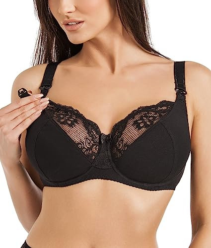 Teyli Nursing Bras - Maternity Bras with Underwires - Pregnancy Bra Adjustable Straps - Soft Cotton Nursing Bra with Lace Finish Black 36C