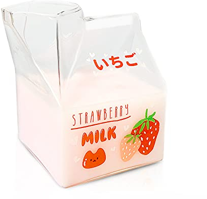 Blsky Kawaii, tazza di cartone per latte in vetro, adatta al microonde, 12 once, carino, contenitore per crema di fragole, quadrato, per colazione, brocca in vetro con confezione regalo (fragola)