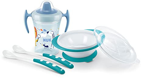 NUK Learn to Drink Set con biberón Trainer Cup (6M+) | Taza para sorber Magic Cup 360° (8M+) y taza para niños Action Cup (12M+) | 230 ml | sin BPA | Safari (azul)