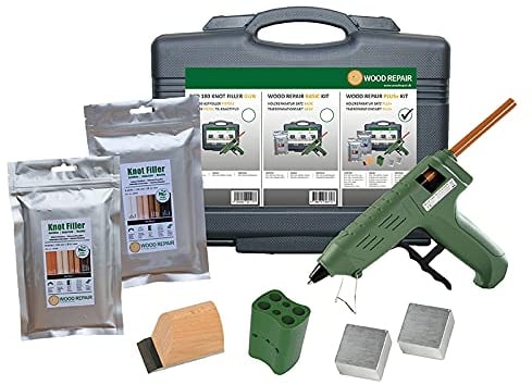 WoodRepair Holzreparatur Satz PLUS+ mit Astfüller-Pistole, Kompaktbeutel Mix 1 & 2, Handhobel, Farbwechsler & Kühlblöcken